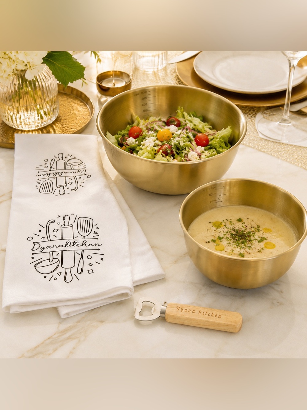 5-Piece Gold Mixing Bowl & Kitchen Towel Gift Set
